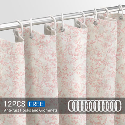 Pink Cotton Waterproof Shower Curtain, Farmhouse Elegance Floral Shower Curtains for Bathroom Decor, Chic Fabric Cloth Flower Leaves Shower Curtain 72" W x 72" L