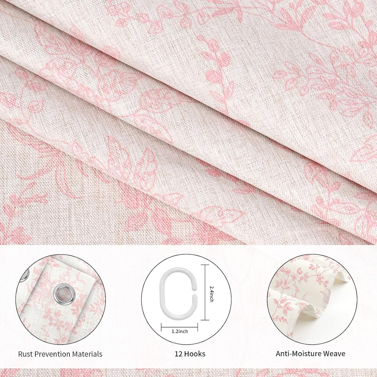 Pink Cotton Waterproof Shower Curtain, Farmhouse Elegance Floral Shower Curtains for Bathroom Decor, Chic Fabric Cloth Flower Leaves Shower Curtain 72" W x 72" L