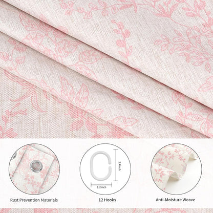 Pink Cotton Waterproof Shower Curtain, Farmhouse Elegance Floral Shower Curtains for Bathroom Decor, Chic Fabric Cloth Flower Leaves Shower Curtain 72" W x 72" L