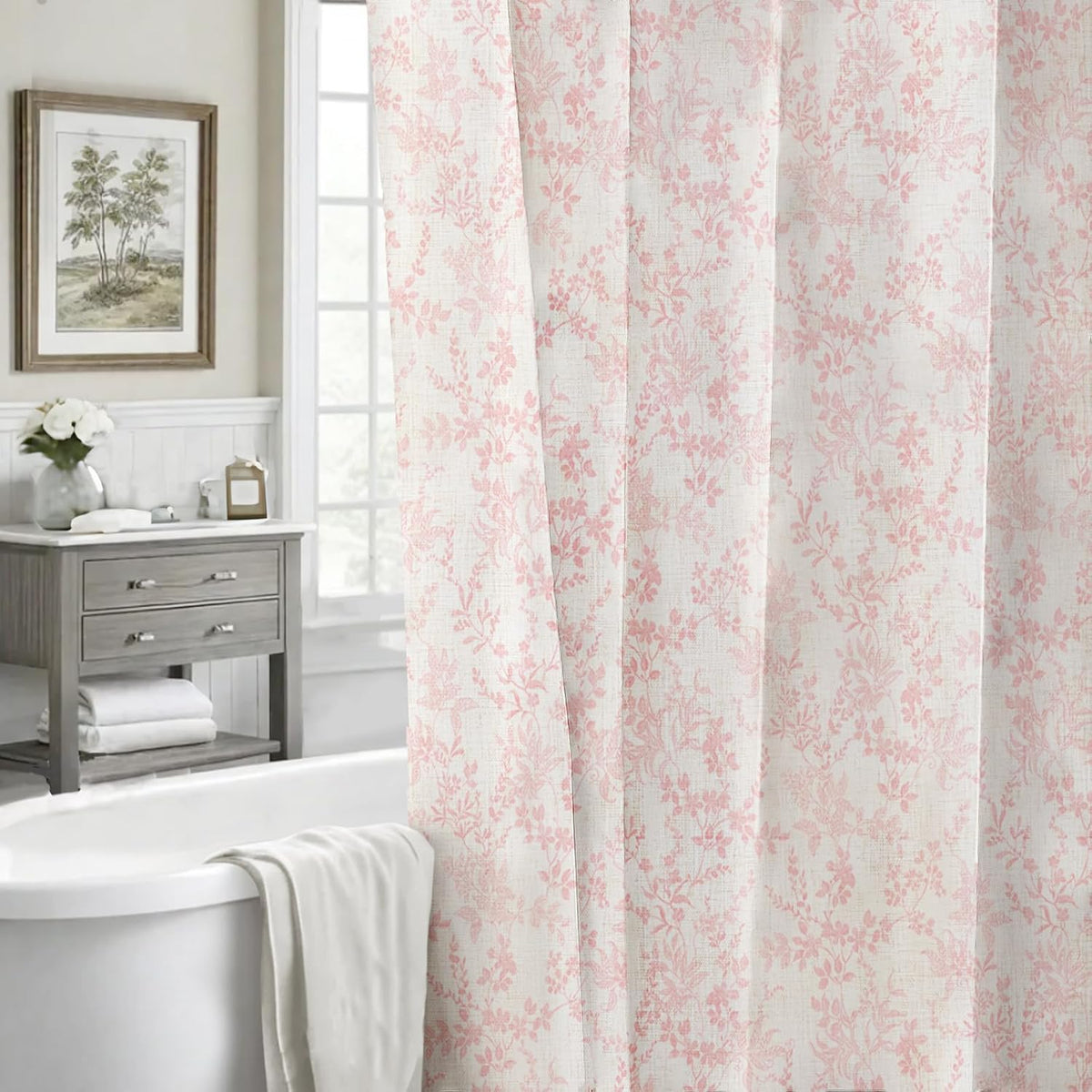 Pink Cotton Waterproof Shower Curtain, Farmhouse Elegance Floral Shower Curtains for Bathroom Decor, Chic Fabric Cloth Flower Leaves Shower Curtain 72" W x 72" L