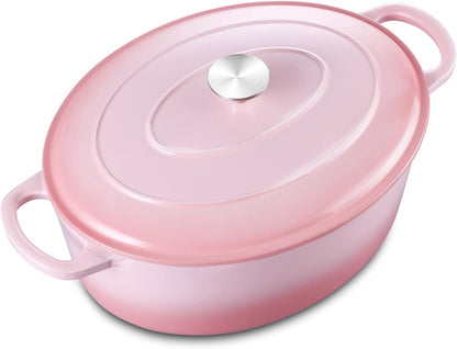 5-Quart Enameled Cast Iron Oval Dutch Oven Pot with Lid, Pink