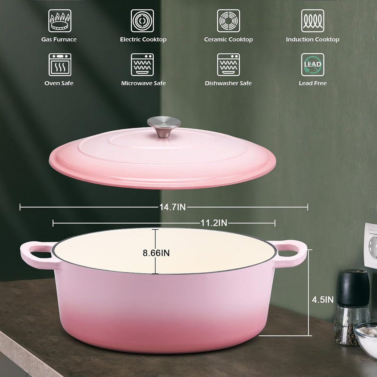 5-Quart Enameled Cast Iron Oval Dutch Oven Pot with Lid, Pink