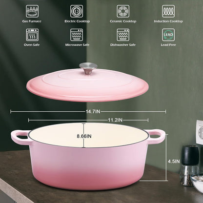 5-Quart Enameled Cast Iron Oval Dutch Oven Pot with Lid, Pink