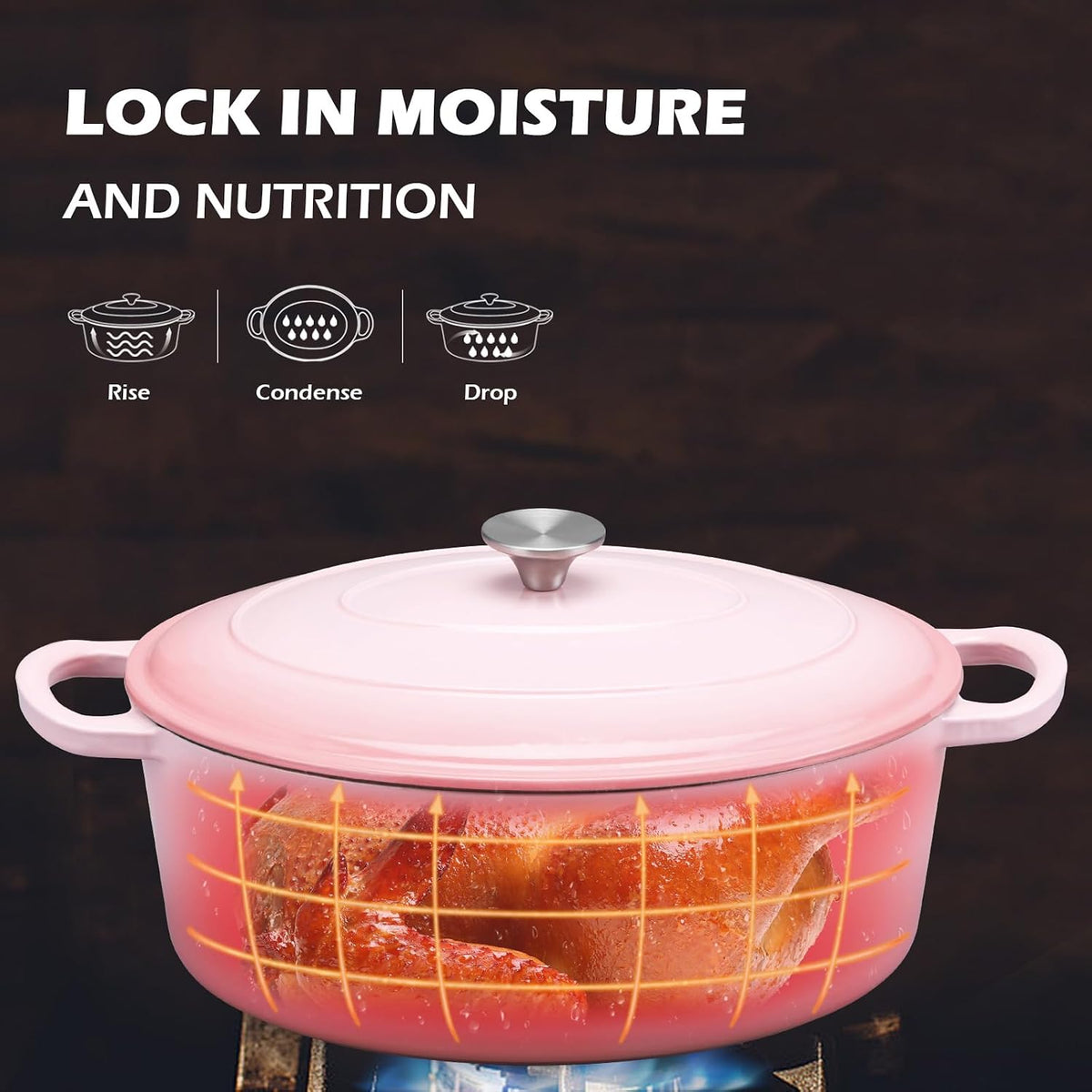 5-Quart Enameled Cast Iron Oval Dutch Oven Pot with Lid, Pink