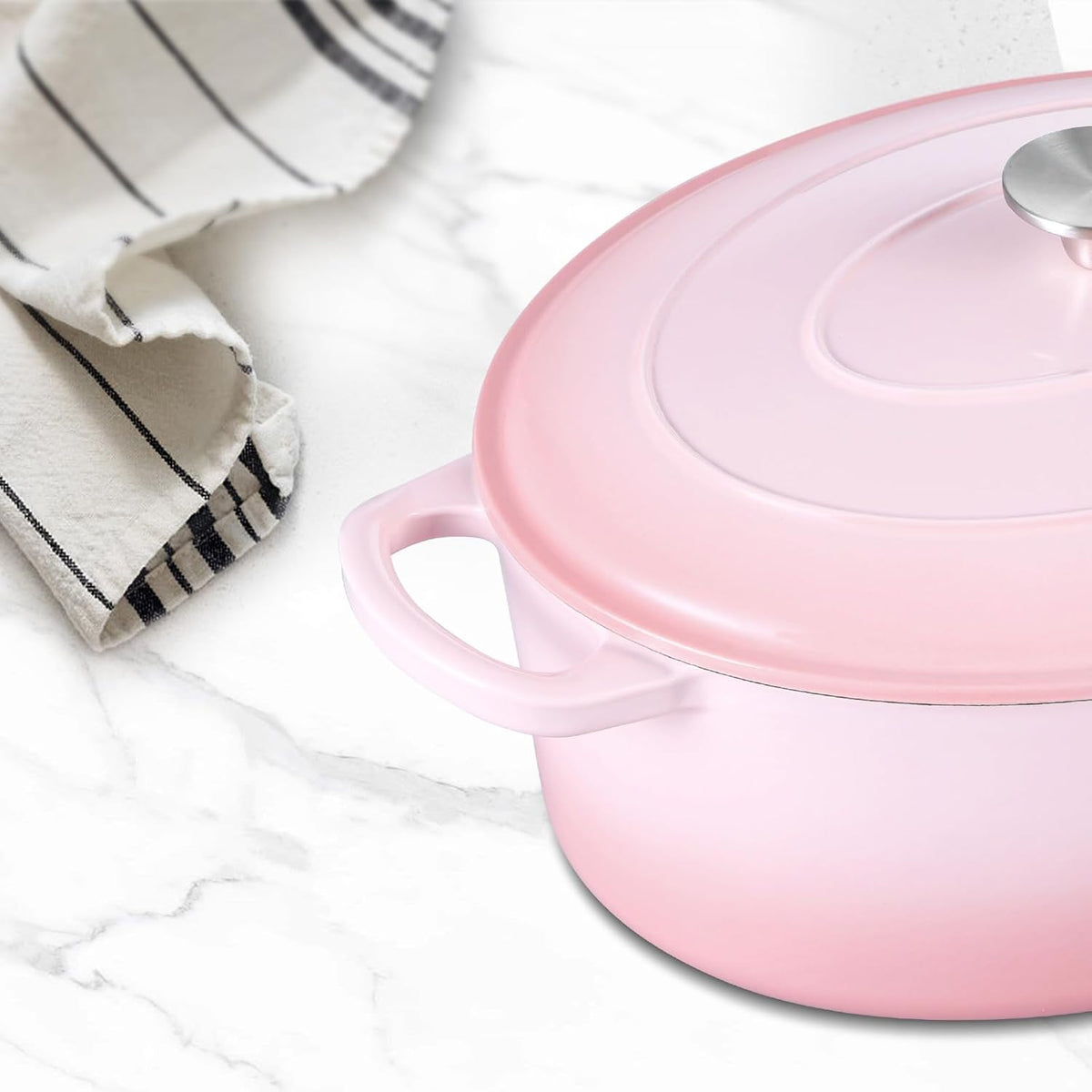 5-Quart Enameled Cast Iron Oval Dutch Oven Pot with Lid, Pink