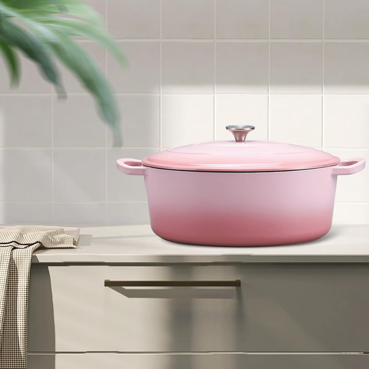 5-Quart Enameled Cast Iron Oval Dutch Oven Pot with Lid, Pink