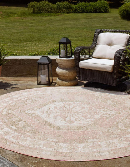 Outdoor Traditional Collection Area Rug - Valeria (3' 3" Round, Pink/ Ivory)
