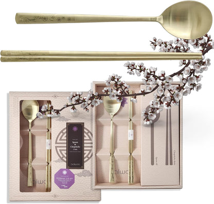 [5 Sets] [Made in Korea] Korean Sticky Rice Spoon Chopsticks Set Gold Titanium Plating 304 Stainless Steel Tableware Cutlery Set Mukbang Chopsticks (Korean Apricot Blossom TITANIUM, 5 Sets)