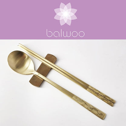 [5 Sets] [Made in Korea] Korean Sticky Rice Spoon Chopsticks Set Gold Titanium Plating 304 Stainless Steel Tableware Cutlery Set Mukbang Chopsticks (Korean Apricot Blossom TITANIUM, 5 Sets)