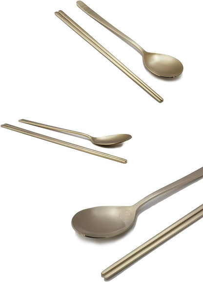 [5 Sets] [Made in Korea] Korean Sticky Rice Spoon Chopsticks Set Gold Titanium Plating 304 Stainless Steel Tableware Cutlery Set Mukbang Chopsticks (Korean Apricot Blossom TITANIUM, 5 Sets)