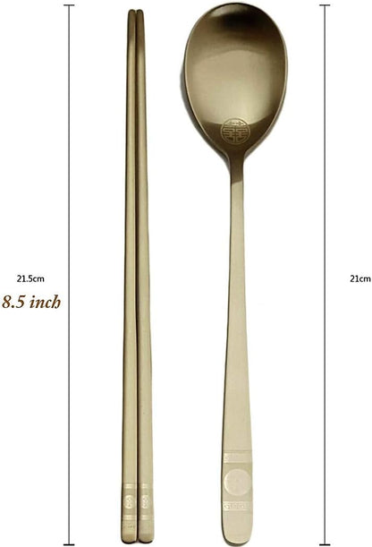 [5 Sets] [Made in Korea] Korean Sticky Rice Spoon Chopsticks Set Gold Titanium Plating 304 Stainless Steel Tableware Cutlery Set Mukbang Chopsticks (Korean Apricot Blossom TITANIUM, 5 Sets)