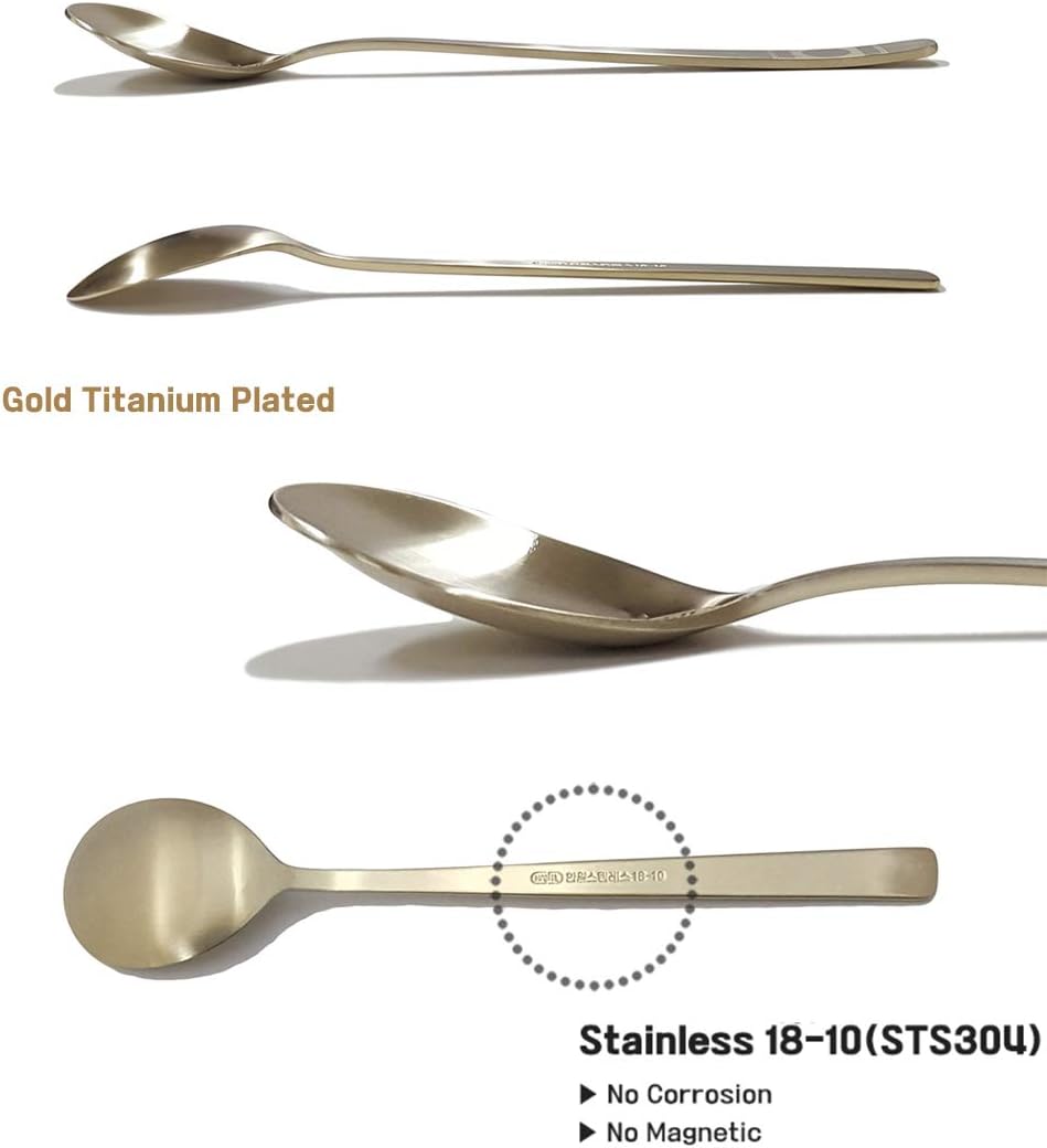 [5 Sets] [Made in Korea] Korean Sticky Rice Spoon Chopsticks Set Gold Titanium Plating 304 Stainless Steel Tableware Cutlery Set Mukbang Chopsticks (Korean Apricot Blossom TITANIUM, 5 Sets)