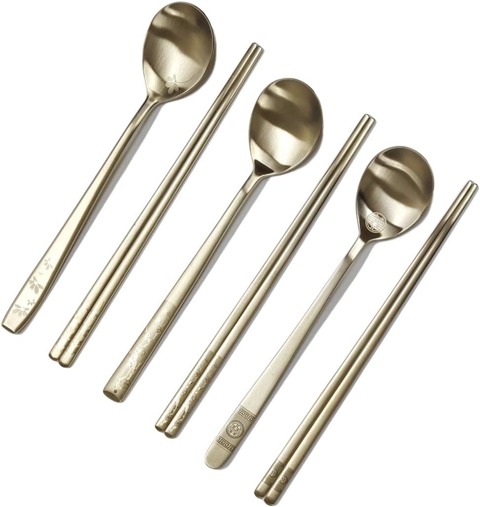 [5 Sets] [Made in Korea] Korean Sticky Rice Spoon Chopsticks Set Gold Titanium Plating 304 Stainless Steel Tableware Cutlery Set Mukbang Chopsticks (Korean Apricot Blossom TITANIUM, 5 Sets)