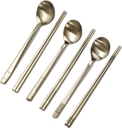 [5 Sets] [Made in Korea] Korean Sticky Rice Spoon Chopsticks Set Gold Titanium Plating 304 Stainless Steel Tableware Cutlery Set Mukbang Chopsticks (Korean Apricot Blossom TITANIUM, 5 Sets)