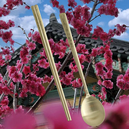 [5 Sets] [Made in Korea] Korean Sticky Rice Spoon Chopsticks Set Gold Titanium Plating 304 Stainless Steel Tableware Cutlery Set Mukbang Chopsticks (Korean Apricot Blossom TITANIUM, 5 Sets)