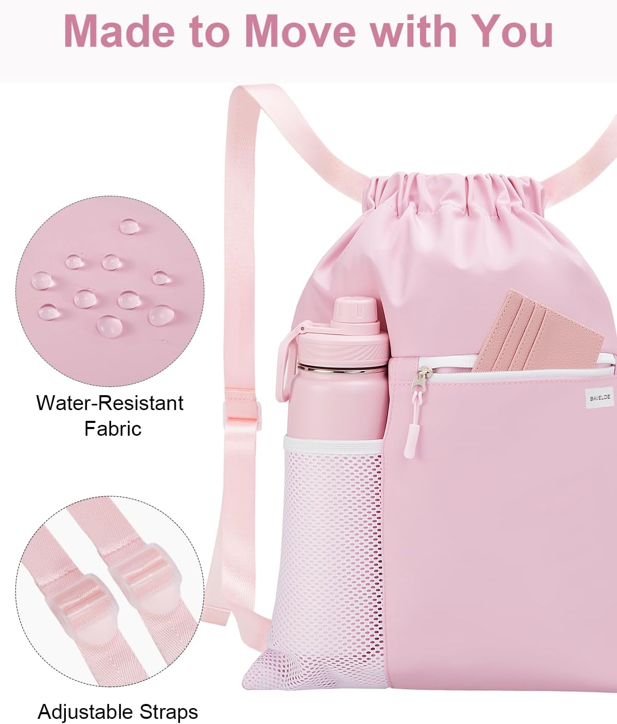 Drawstring Backpack with Mesh Pocket, Sports Gym Sackpack for Women