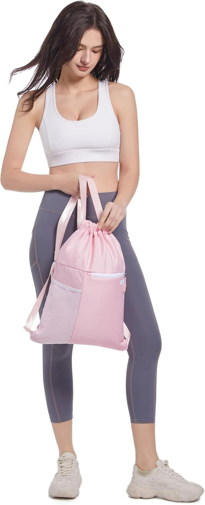 Drawstring Backpack with Mesh Pocket, Sports Gym Sackpack for Women
