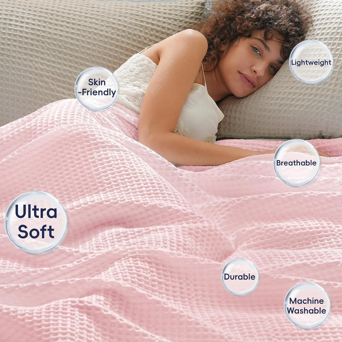 Ultra Soft Waffle Weave Blanket King Size 104"x 90"- Washed Lightweight Breathable Cozy Woven Blanket for Bed - Aesthetic Decor for Couch Bedding Sofa Home Car - Light Pink
