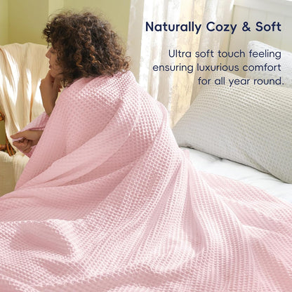 Ultra Soft Waffle Weave Blanket King Size 104"x 90"- Washed Lightweight Breathable Cozy Woven Blanket for Bed - Aesthetic Decor for Couch Bedding Sofa Home Car - Light Pink