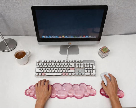 Cloud-Shaped Gel Wrist Rest Set, Transparent Silicone with PU Base, Keyboard and Mouse Pad Support (Light Pink)