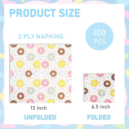 100 Pcs Donut Napkins 2 Ply Disposable Dinner Dessert Paper Napkins for Baby Shower Birthday Party Theme Table Decor Supplies