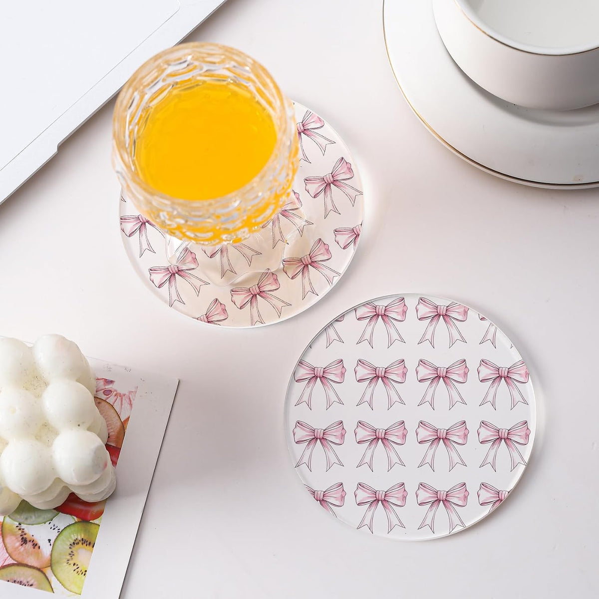 Pink Drink Coasters with Pink Bow Pattern, Set of 2,Cute Table Coasters for Home Decor (Pink White)
