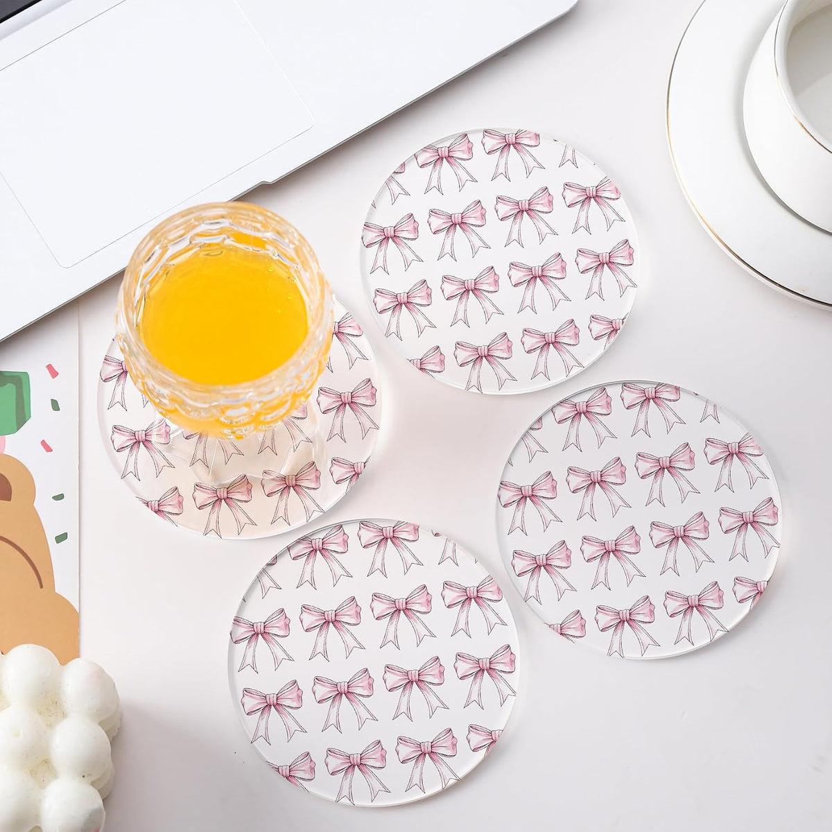 Pink Drink Coasters with Pink Bow Pattern, Set of 2,Cute Table Coasters for Home Decor (Pink White)
