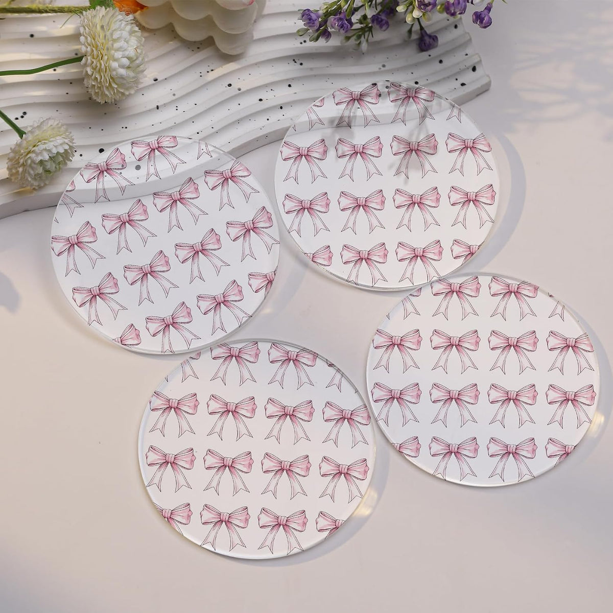 Pink Drink Coasters with Pink Bow Pattern, Set of 2,Cute Table Coasters for Home Decor (Pink White)