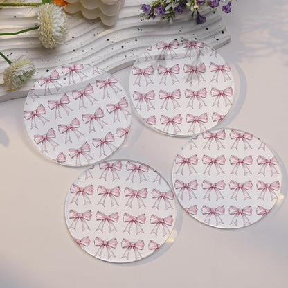 Pink Drink Coasters with Pink Bow Pattern, Set of 2,Cute Table Coasters for Home Decor (Pink White)