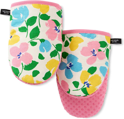 Painterly Bouquet Mini Oven Mitt 2-Pack Set, Heat Resistant, 100% Cotton with Printed Non-Slip Silicone Grip, Pink/Green/Blue, 5.5"X8"