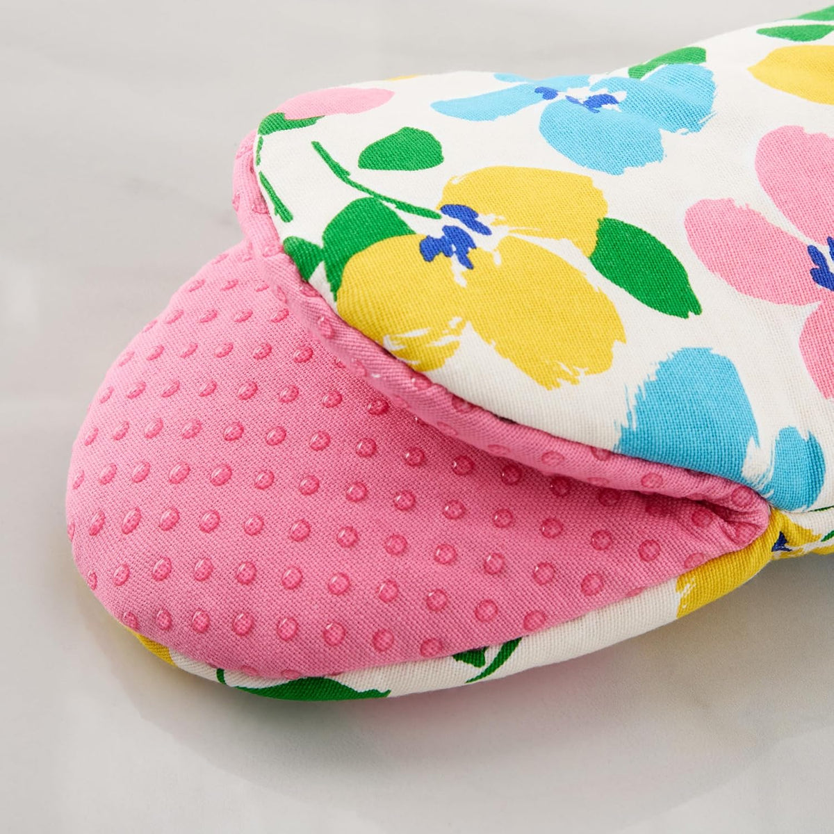 Painterly Bouquet Mini Oven Mitt 2-Pack Set, Heat Resistant, 100% Cotton with Printed Non-Slip Silicone Grip, Pink/Green/Blue, 5.5"X8"