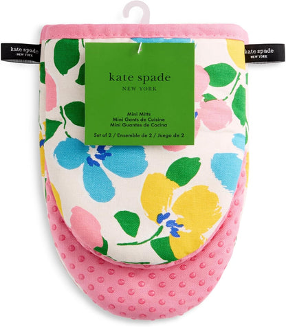 Painterly Bouquet Mini Oven Mitt 2-Pack Set, Heat Resistant, 100% Cotton with Printed Non-Slip Silicone Grip, Pink/Green/Blue, 5.5"X8"