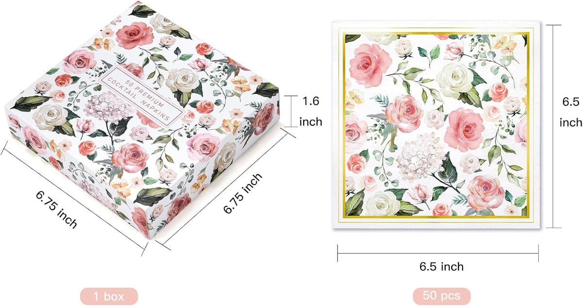 50Pcs Gold Foil Floral Napkins - 3 Ply Disposable Paper Luncheon Napkin for Wedding Birthday Bridal Tableware Party Supplies - 6.5 x 6.5 In