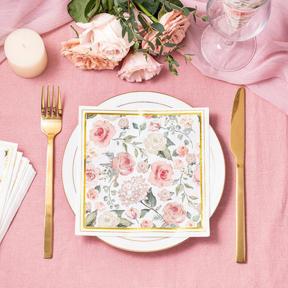 50Pcs Gold Foil Floral Napkins - 3 Ply Disposable Paper Luncheon Napkin for Wedding Birthday Bridal Tableware Party Supplies - 6.5 x 6.5 In