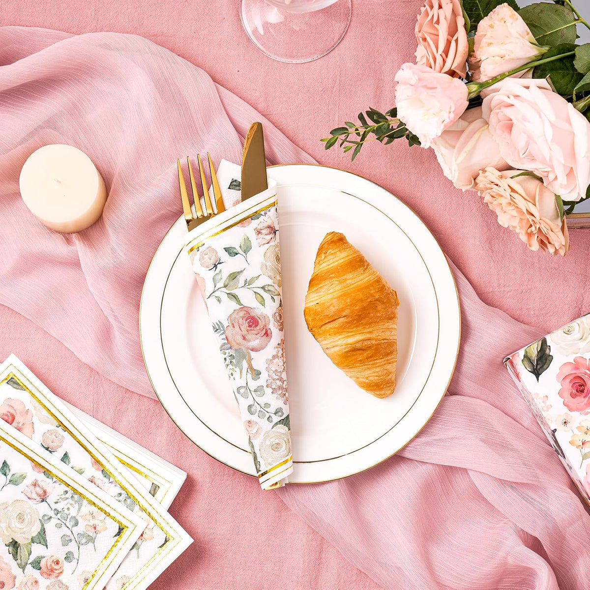 50Pcs Gold Foil Floral Napkins - 3 Ply Disposable Paper Luncheon Napkin for Wedding Birthday Bridal Tableware Party Supplies - 6.5 x 6.5 In