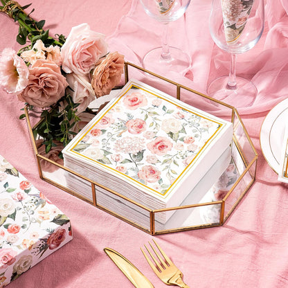 50Pcs Gold Foil Floral Napkins - 3 Ply Disposable Paper Luncheon Napkin for Wedding Birthday Bridal Tableware Party Supplies - 6.5 x 6.5 In