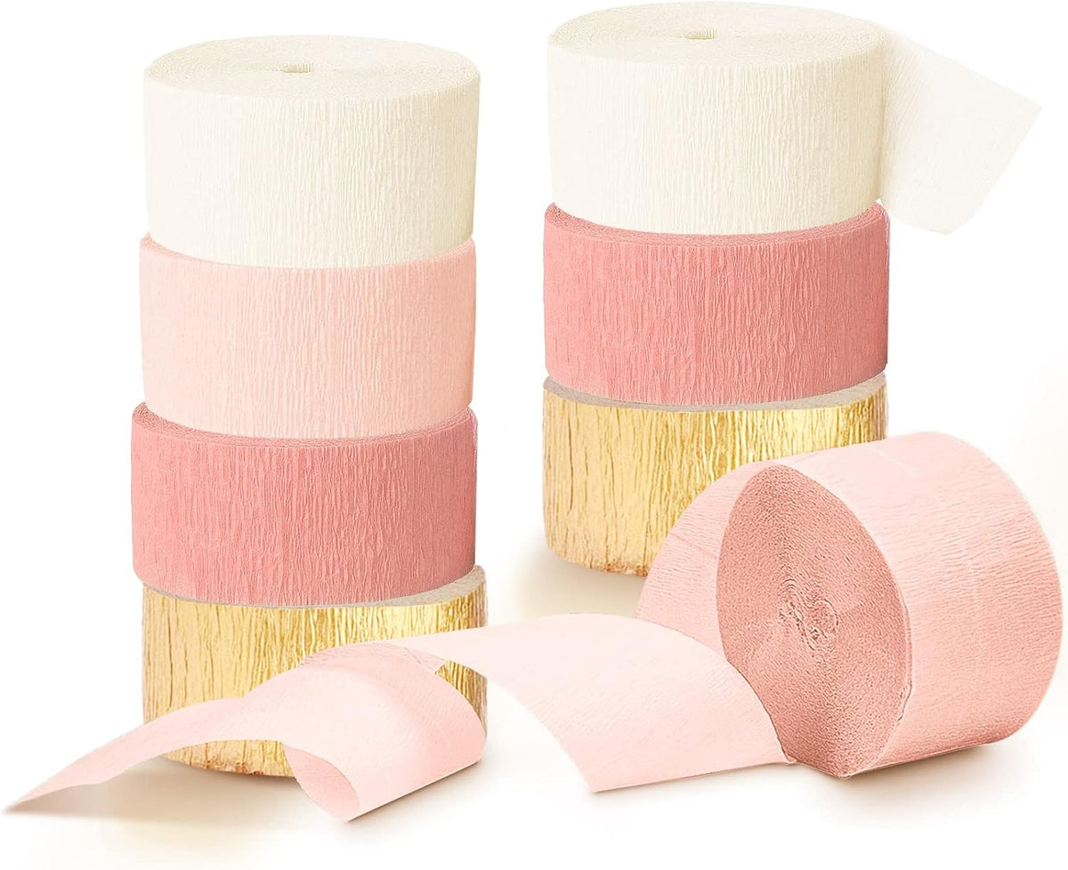 Wedding Streamers Party Decorations,8 Rolls Pink Gold Crepe Paper