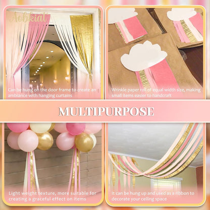 Wedding Streamers Party Decorations,8 Rolls Pink Gold Crepe Paper
