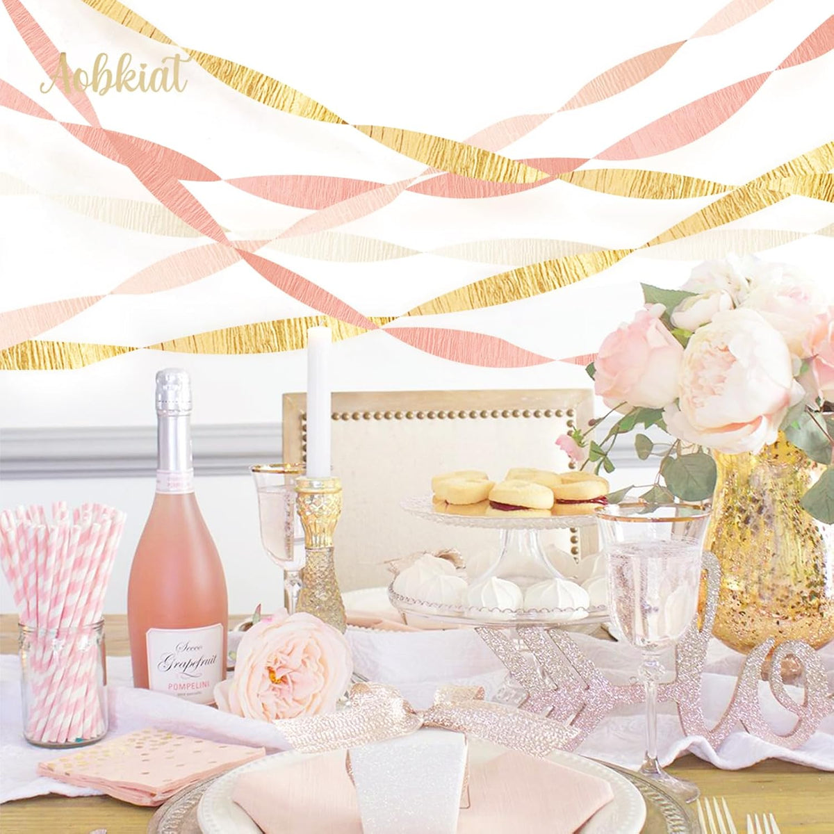 Wedding Streamers Party Decorations,8 Rolls Pink Gold Crepe Paper