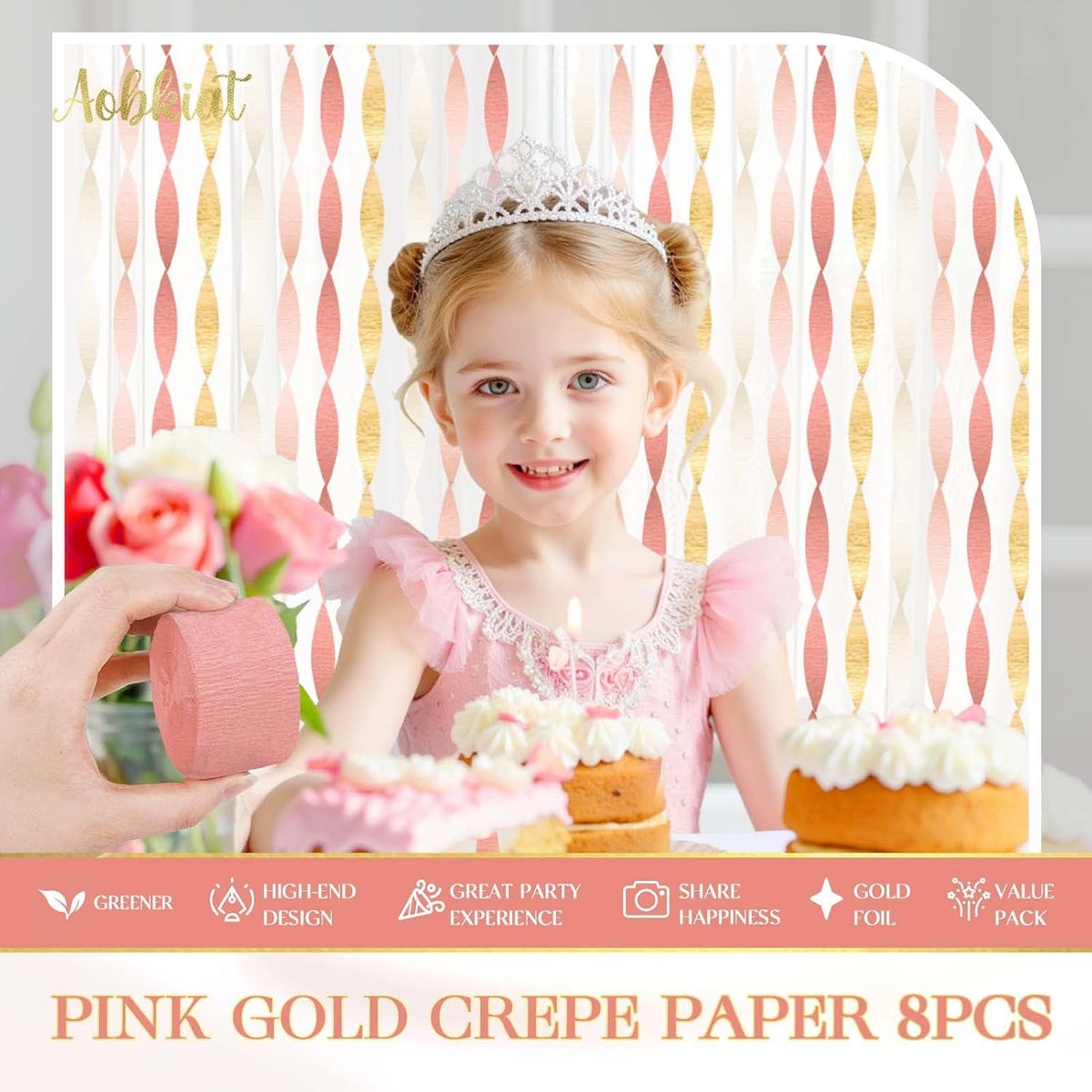 Wedding Streamers Party Decorations,8 Rolls Pink Gold Crepe Paper