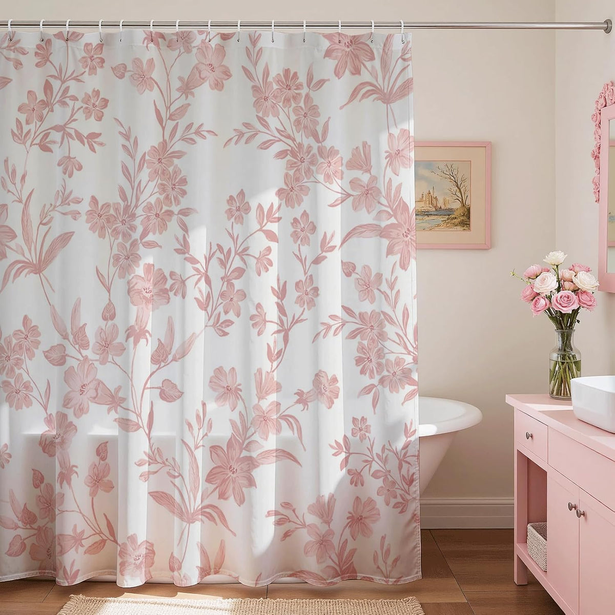 Floral Shower Curtain with 12 Hooks, Pink Flowers Shower Curtain for Spring Floral Bathroom Decor, Waterproof Fabric Pink Curtain for Bath Bedroom Dorm, 72 X 72 Inch