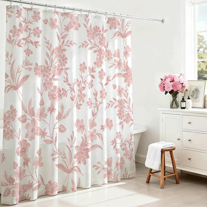 Floral Shower Curtain with 12 Hooks, Pink Flowers Shower Curtain for Spring Floral Bathroom Decor, Waterproof Fabric Pink Curtain for Bath Bedroom Dorm, 72 X 72 Inch