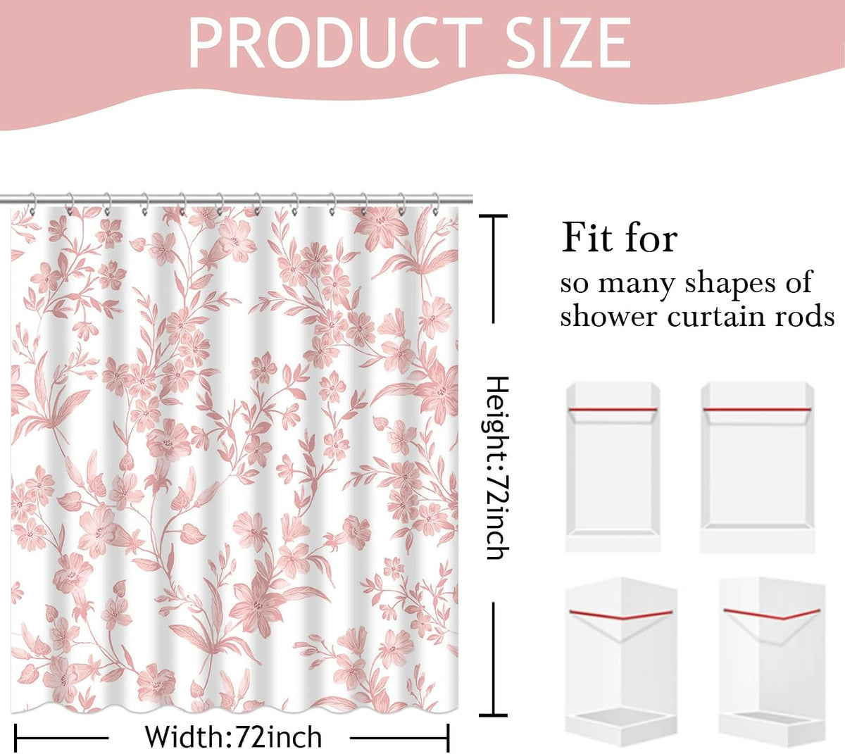 Floral Shower Curtain with 12 Hooks, Pink Flowers Shower Curtain for Spring Floral Bathroom Decor, Waterproof Fabric Pink Curtain for Bath Bedroom Dorm, 72 X 72 Inch
