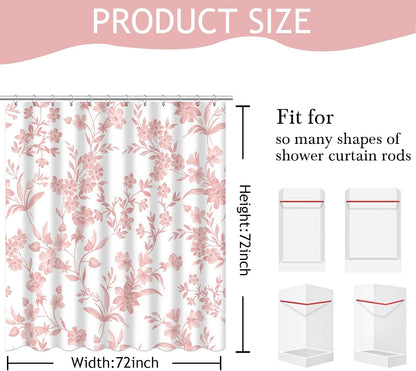 Floral Shower Curtain with 12 Hooks, Pink Flowers Shower Curtain for Spring Floral Bathroom Decor, Waterproof Fabric Pink Curtain for Bath Bedroom Dorm, 72 X 72 Inch