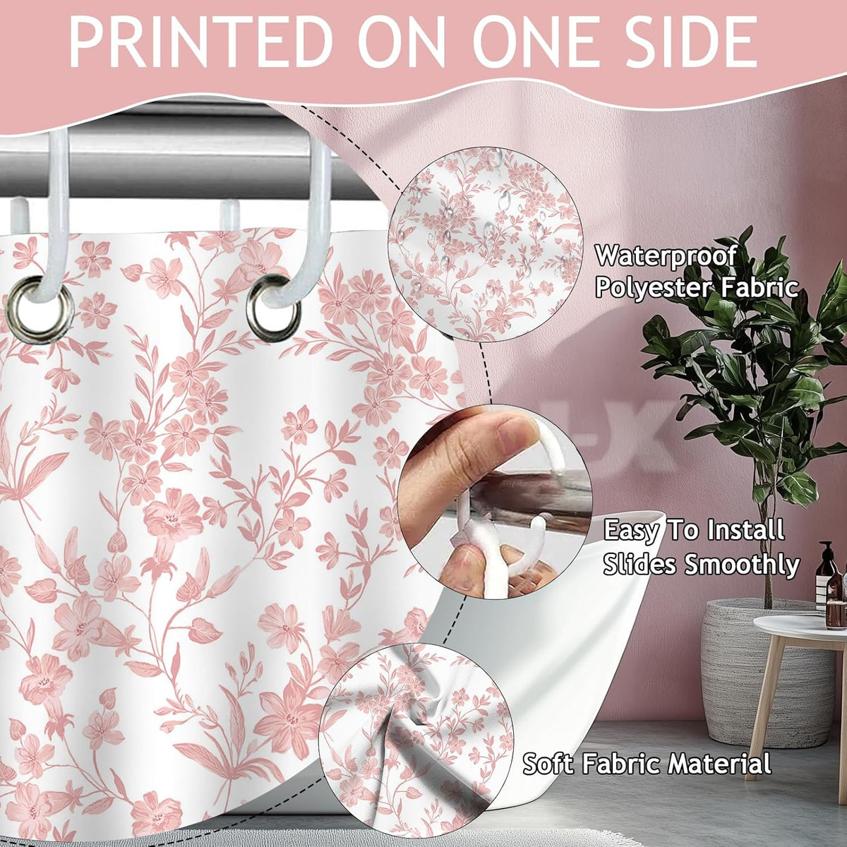 Floral Shower Curtain with 12 Hooks, Pink Flowers Shower Curtain for Spring Floral Bathroom Decor, Waterproof Fabric Pink Curtain for Bath Bedroom Dorm, 72 X 72 Inch