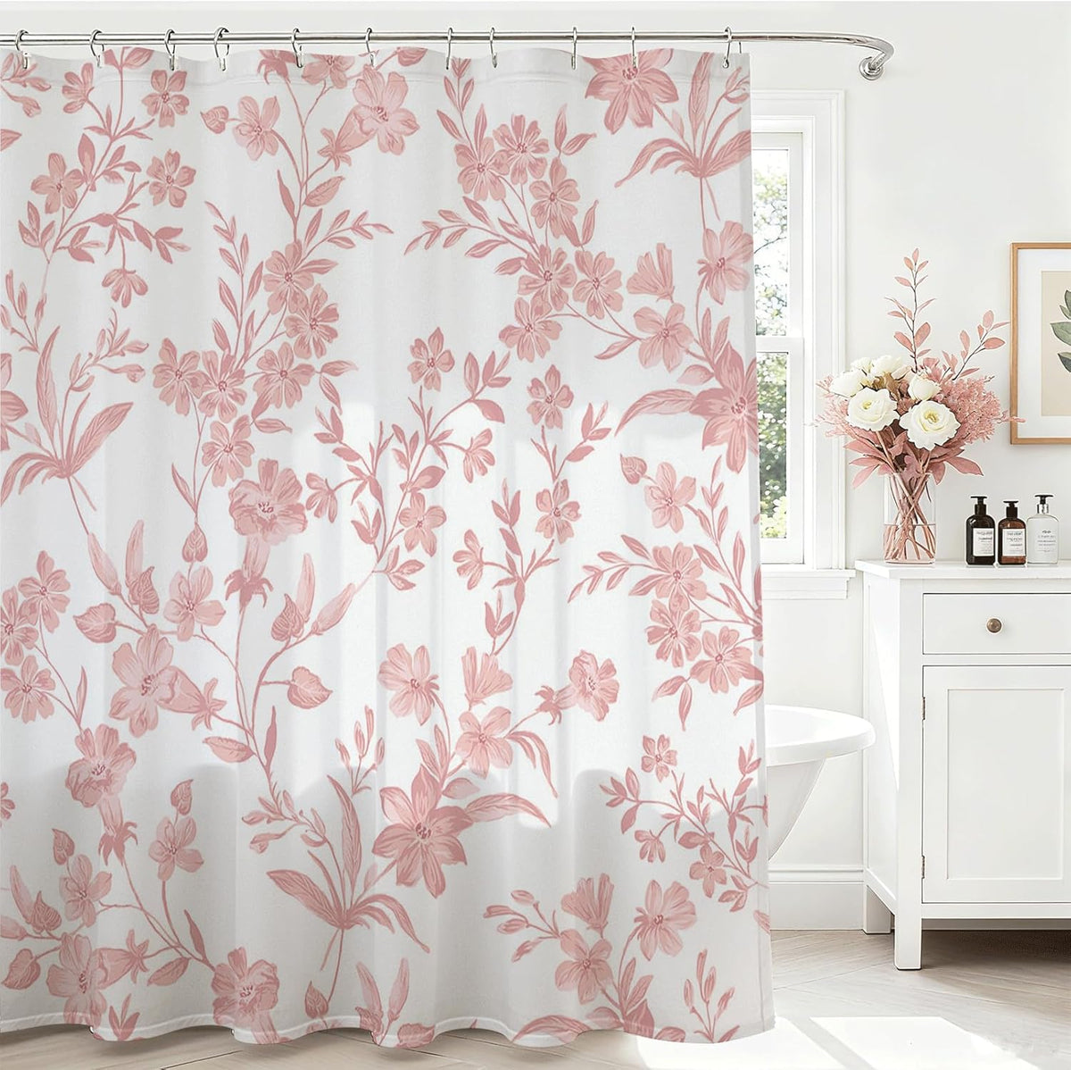 Floral Shower Curtain with 12 Hooks, Pink Flowers Shower Curtain for Spring Floral Bathroom Decor, Waterproof Fabric Pink Curtain for Bath Bedroom Dorm, 72 X 72 Inch