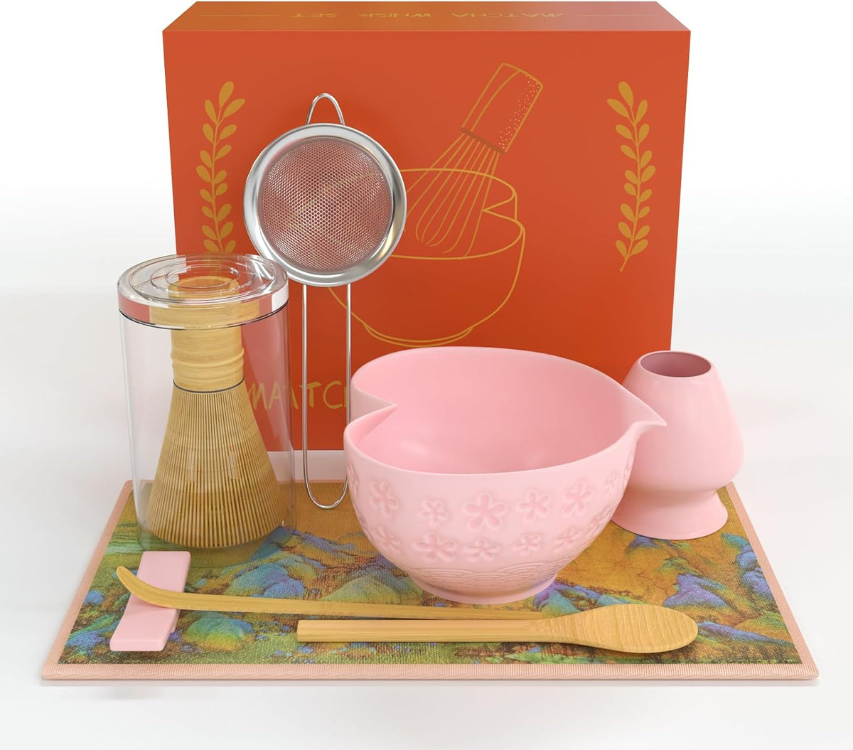 Matcha Whisk Set & Japanese Tea Set, 8PCS Ceramic Matcha Kit, Heart-shaped Matcha Bowl with Spout and Bamboo Whisk for Ceremony Matcha Lovers, Ideal Gift Christmas and Birthday (Cherry Blossom Pink)