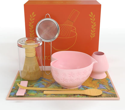 Matcha Whisk Set & Japanese Tea Set, 8PCS Ceramic Matcha Kit, Heart-shaped Matcha Bowl with Spout and Bamboo Whisk for Ceremony Matcha Lovers, Ideal Gift Christmas and Birthday (Cherry Blossom Pink)