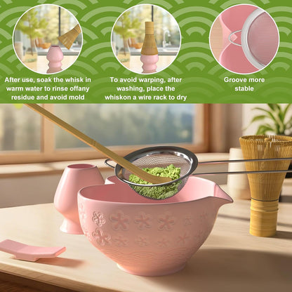 Matcha Whisk Set & Japanese Tea Set, 8PCS Ceramic Matcha Kit, Heart-shaped Matcha Bowl with Spout and Bamboo Whisk for Ceremony Matcha Lovers, Ideal Gift Christmas and Birthday (Cherry Blossom Pink)