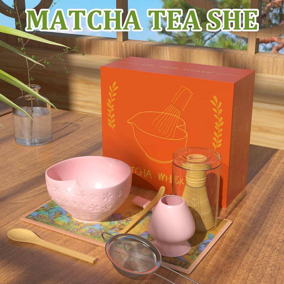 Matcha Whisk Set & Japanese Tea Set, 8PCS Ceramic Matcha Kit, Heart-shaped Matcha Bowl with Spout and Bamboo Whisk for Ceremony Matcha Lovers, Ideal Gift Christmas and Birthday (Cherry Blossom Pink)